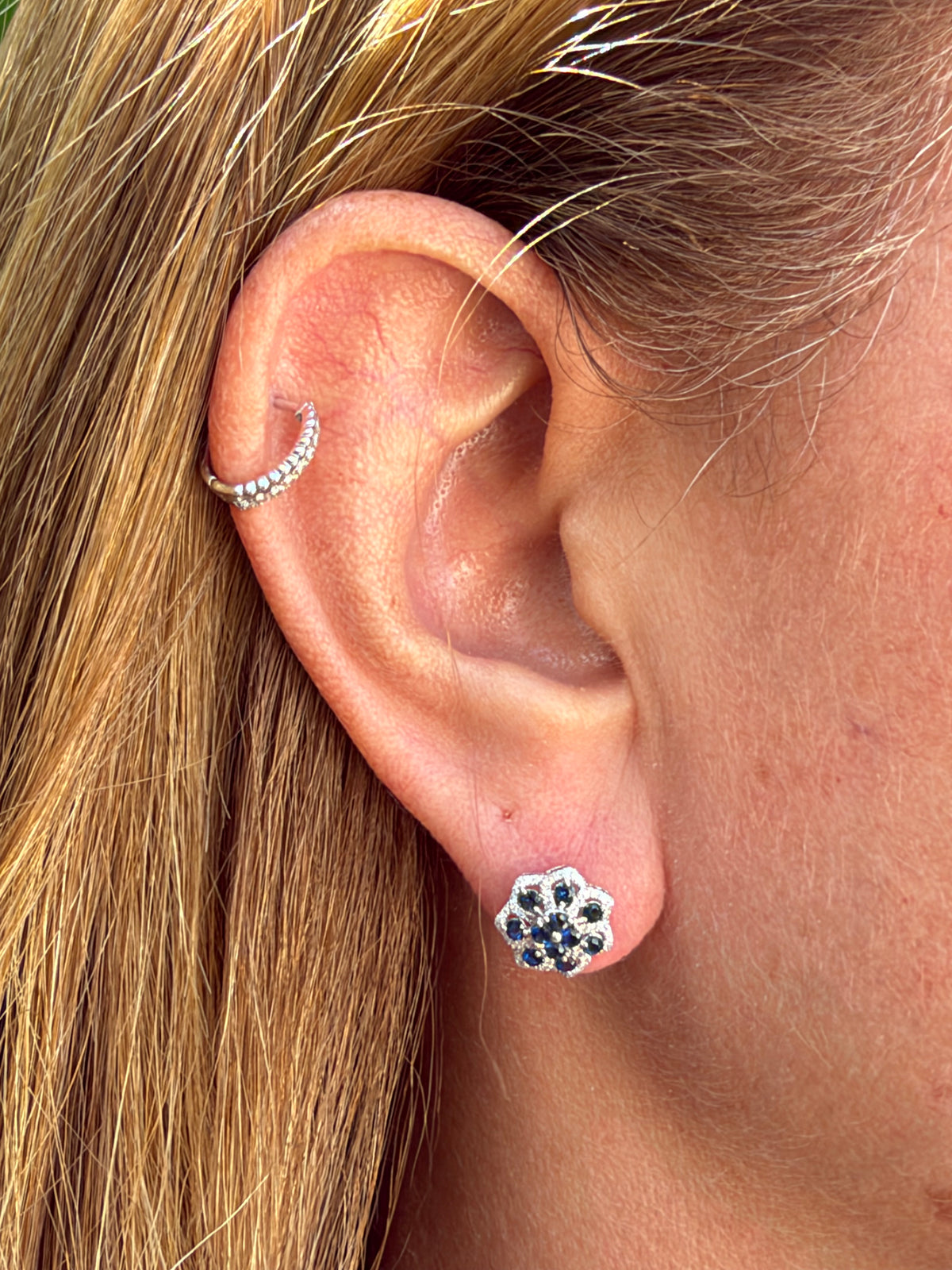 Blue Flower Earrings in 18K White Gold