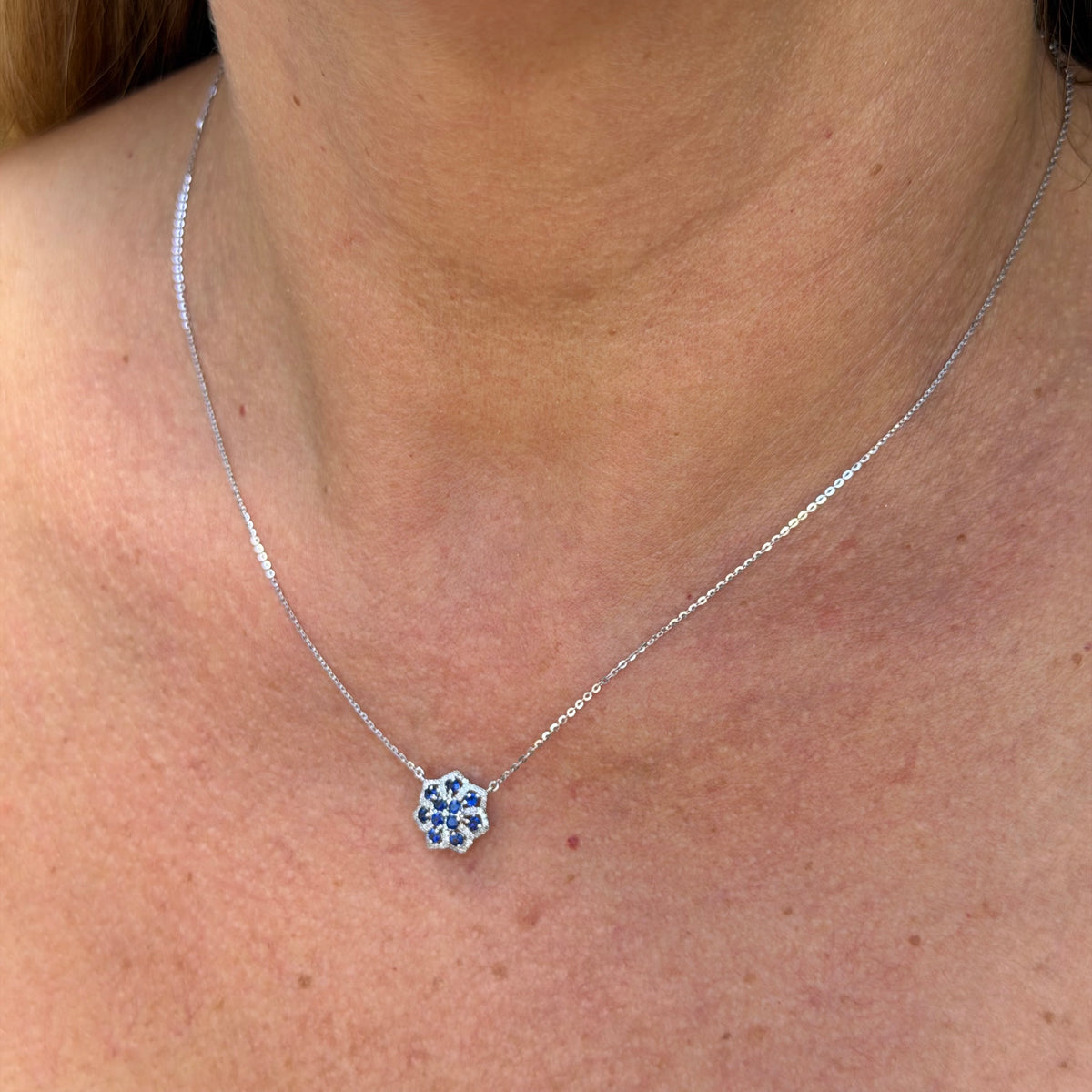 Blue Flower Necklace in 18K White Gold