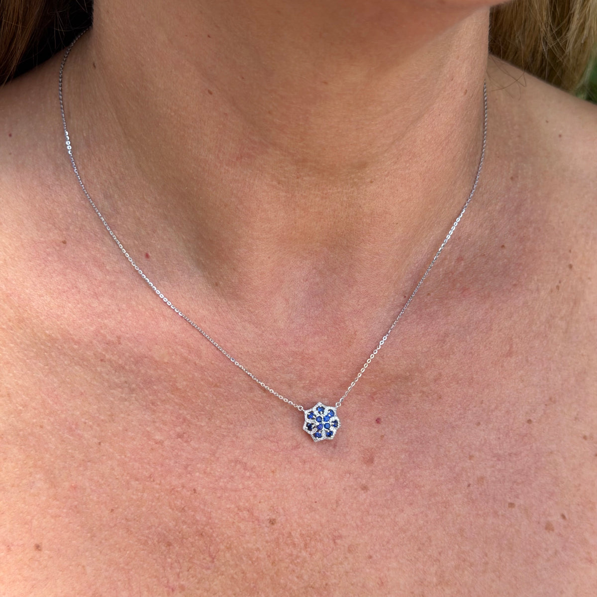 Blue Flower Necklace in 18K White Gold