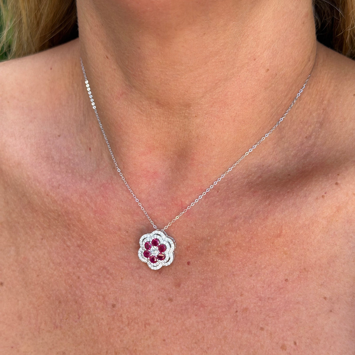 Ruby Flower Necklace in Sterling Silver 925