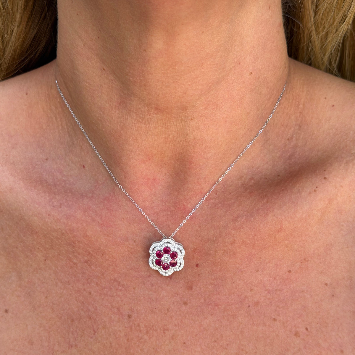 Ruby Flower Necklace in Sterling Silver 925