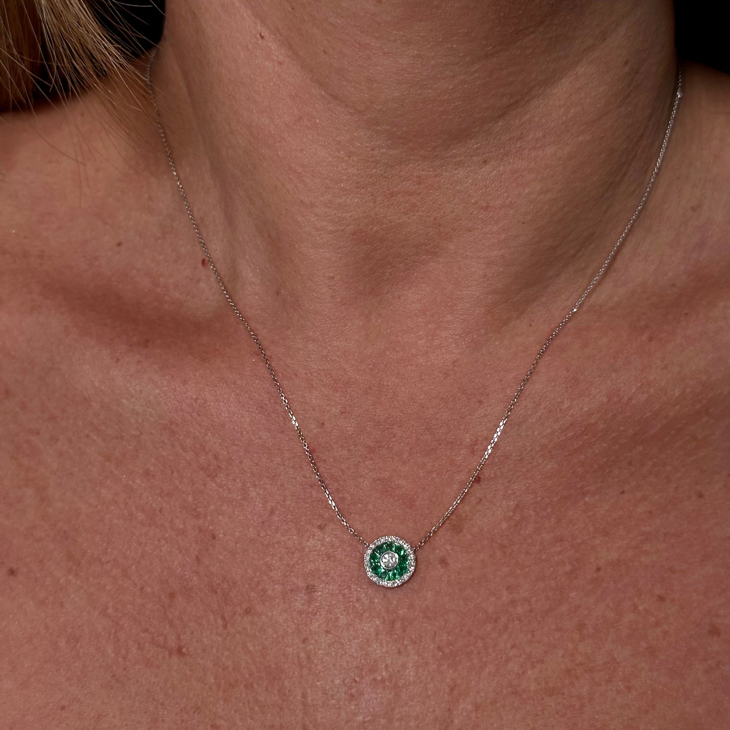 Dubai Necklace in 18K White Gold w/ Emerald and Diamonds