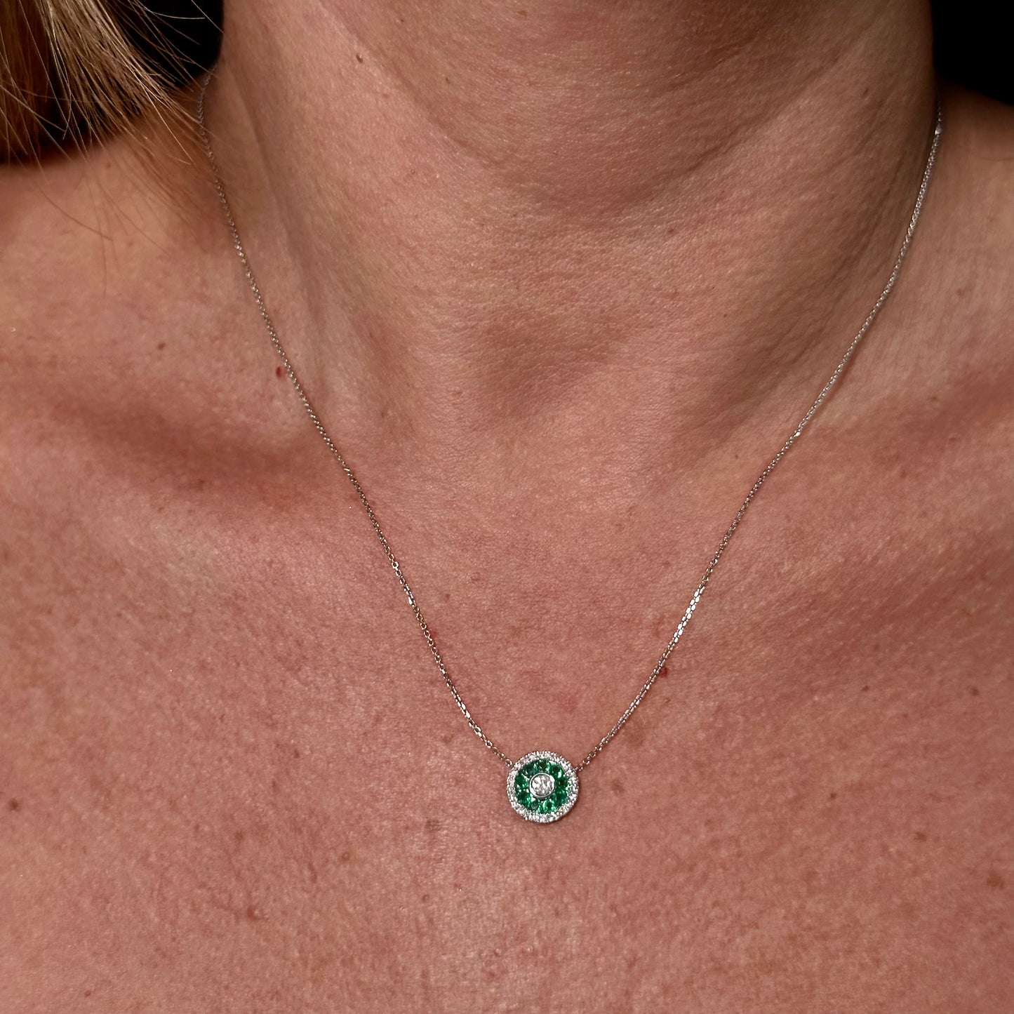 Dubai Necklace in 18K White Gold w/ Emerald and Diamonds