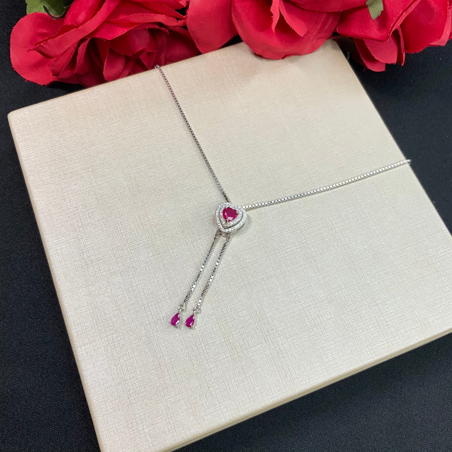 Adjustable Heart Ruby Necklace in Sterling Silver 925