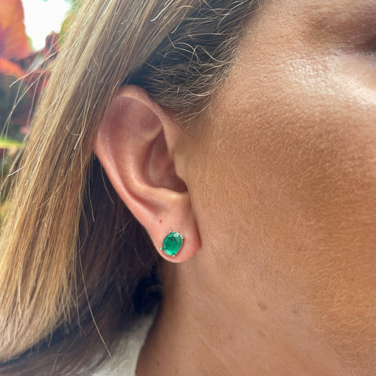 Oval Emerald Earrings in Sterling Silver 925