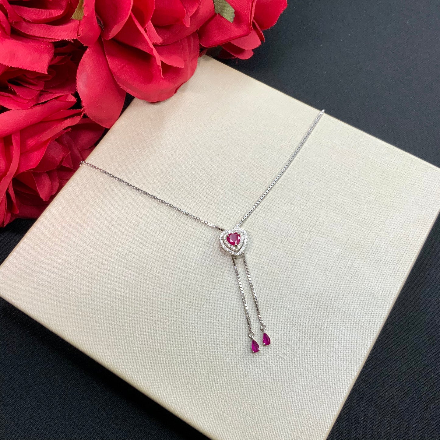 Adjustable Heart Ruby Necklace in Sterling Silver 925