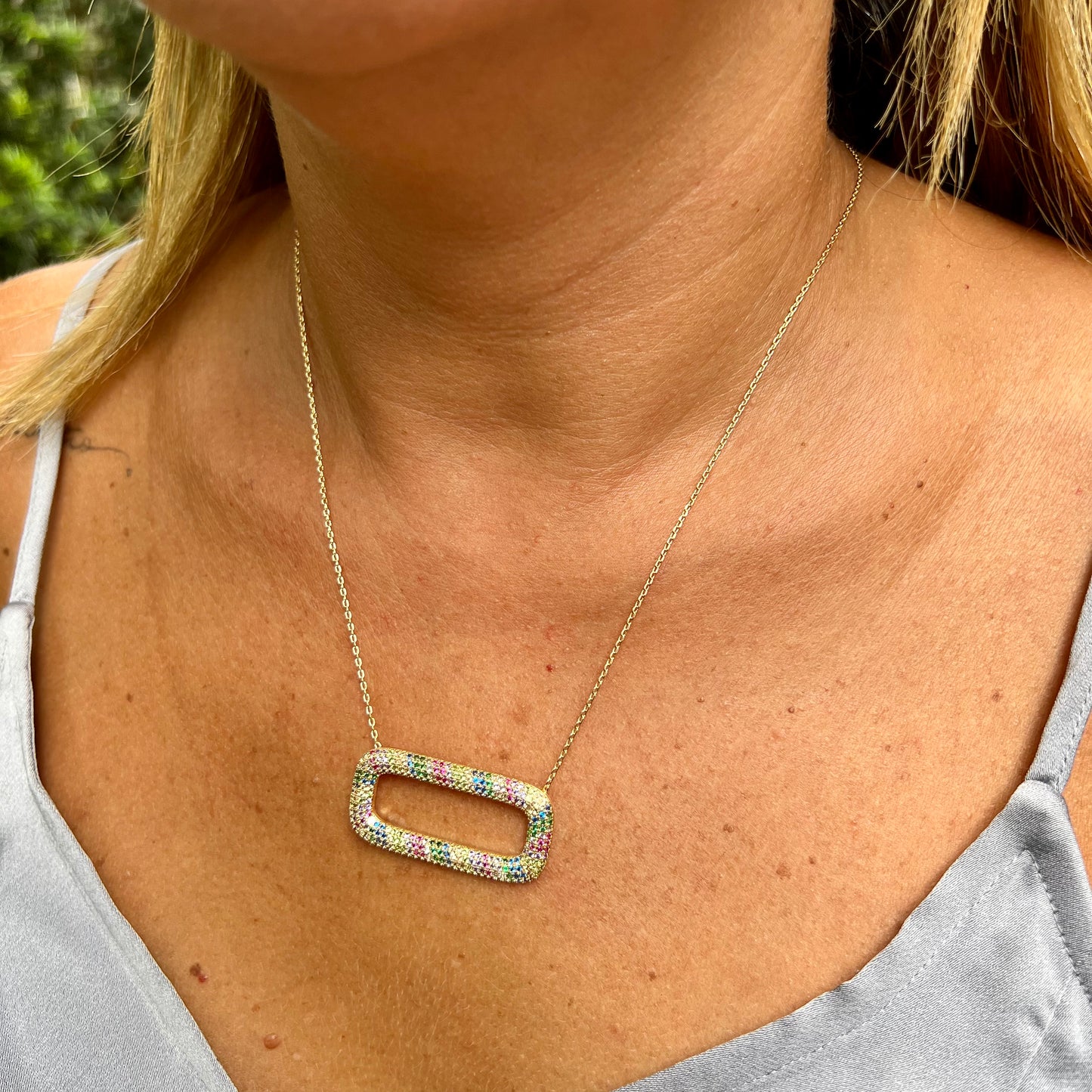 Colorful Rectangular Necklace in 18K Gold Plated