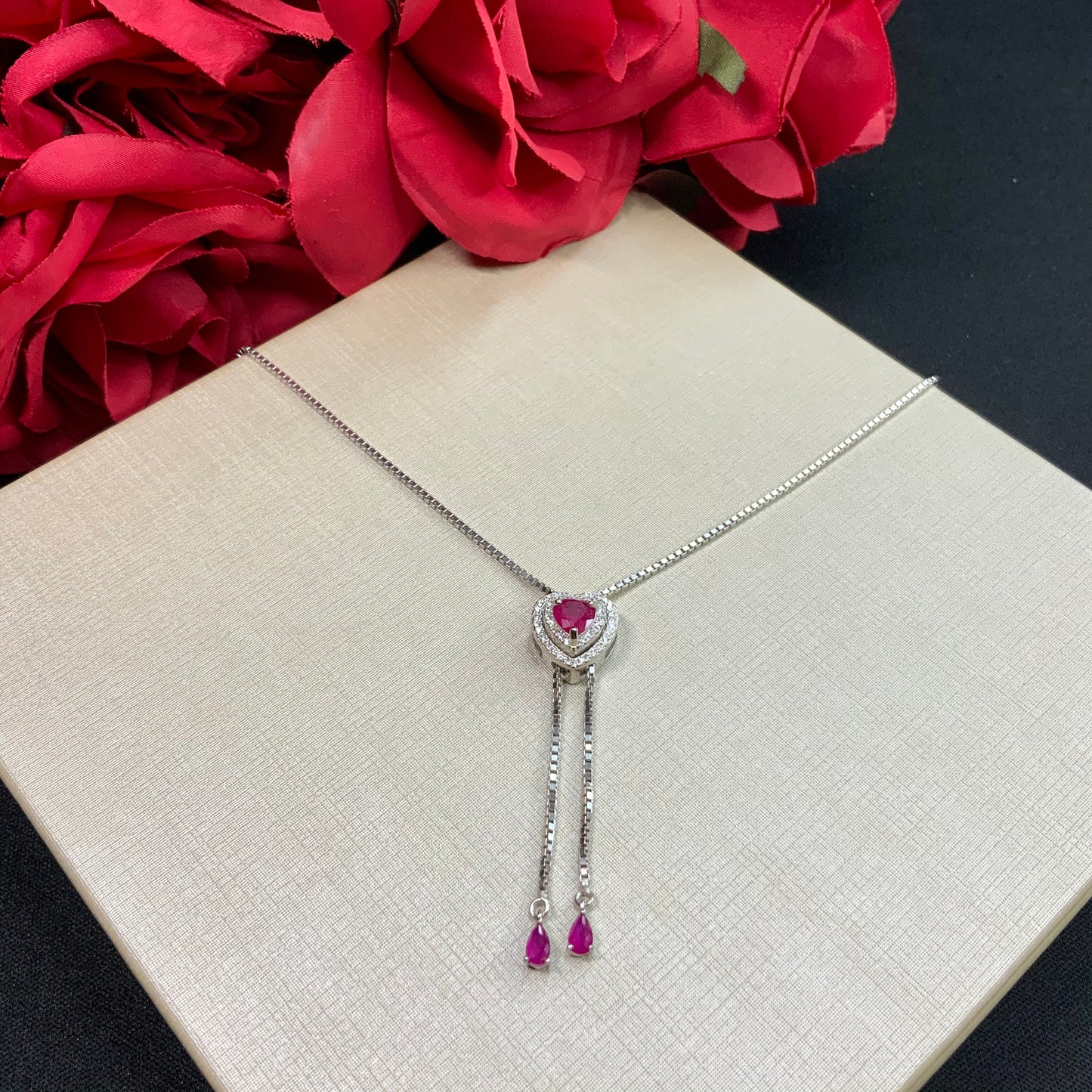 Adjustable Heart Ruby Necklace in Sterling Silver 925