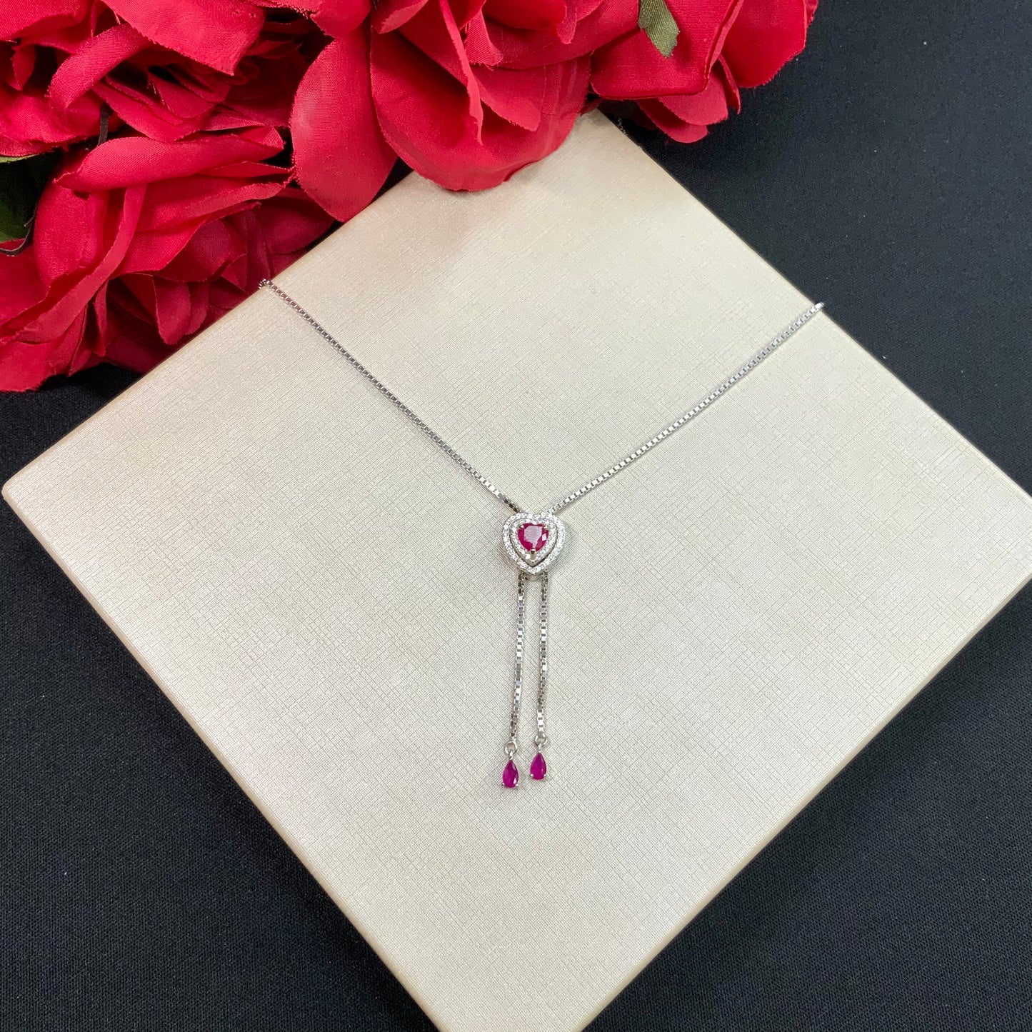 Adjustable Heart Ruby Necklace in Sterling Silver 925