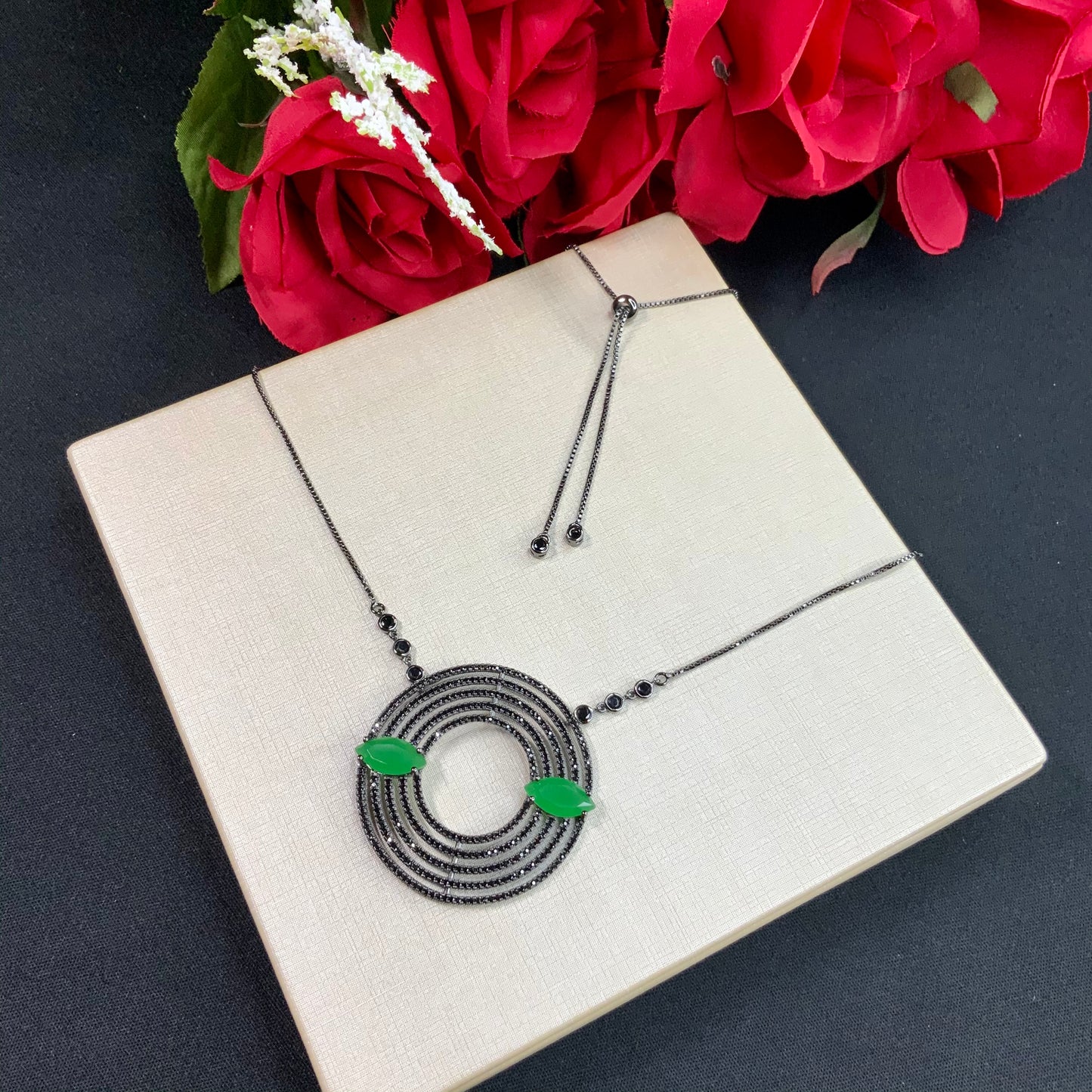 Adjustable Emerald Necklace in Black Rhodium Plated